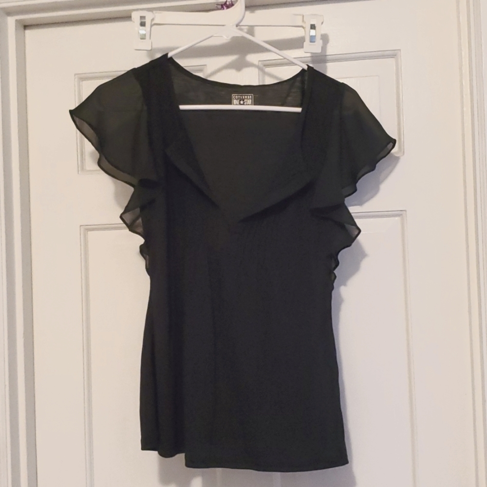 Frilly Sleeved Black Converse Tee Size Small